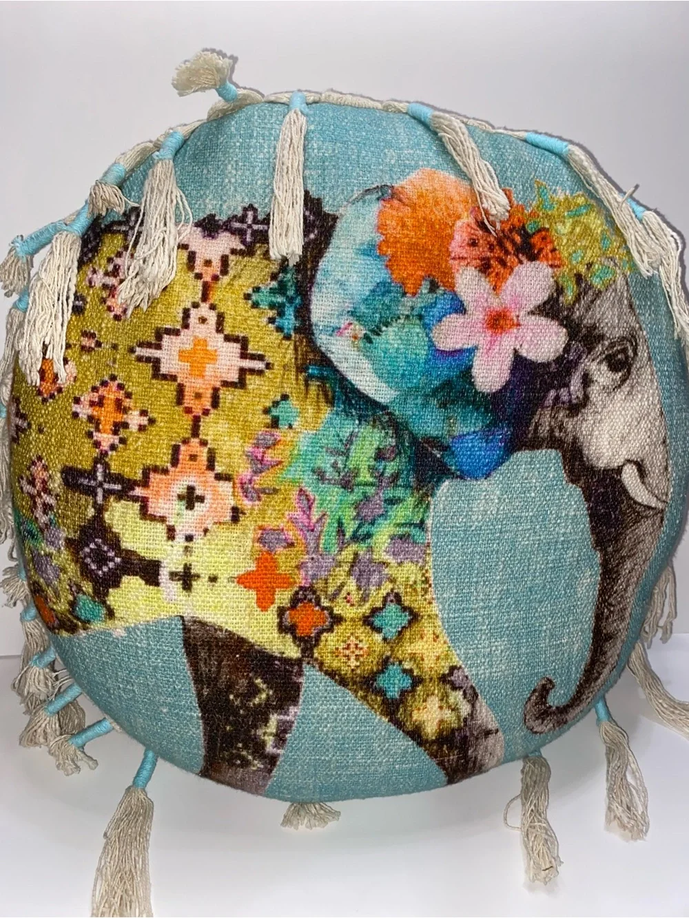 Boho Elephant Round Accent Pillow in Aqua, Unique Bohemian Pillow